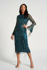 Wren Green Sequin Midi Dress with Beaded Tassels